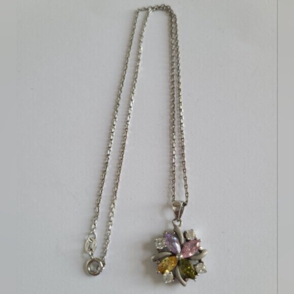 Vintage Boho Sterling Silver Multi Coloured Crystal Stone Flower Necklace - Picture 14 of 15
